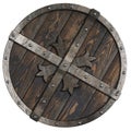 Wooden medieval round shield with metal frame and cross 3d illustration