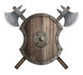 Wooden medieval shield with crossed battle axes 3d illustration