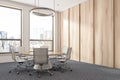 Wooden meeting room corner with round table Royalty Free Stock Photo