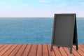 Wooden Menu Blackboards Outdoor Display with Blank Space for Your Design in front of Beautiful Ocean View. 3d Rendering
