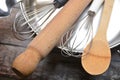 Wooden and metal cookings utensils Royalty Free Stock Photo