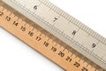 Wooden and metal rulers in centimeters and inches. Royalty Free Stock Photo