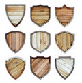 Wooden and metal shield protected steel icons sign set Royalty Free Stock Photo