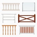 Wooden, metallic, glass railings isolated on white background. Realistic vector illustration