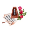 Wooden Metronome, Sheet Music Pages and Conductor Baton decorated with Red Roses. Classical Music composition. Watercolor