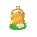 Wooden milk bucket in grass with quality golden ribbon concept