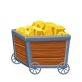 Wooden Mine cart, trolley with gold ore in cartoon style isolated on white background. Game asset,ui. Fortune concept.