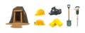 Wooden mine entrance and mining industry tools set