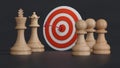 Wooden miniature figures standing with dartboard and arrow for setup business objective target and goal concept