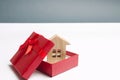 Wooden miniature house in a gift box. Housing as a gift. Win an apartment in the lottery. To inherit property. Holiday discounts.