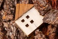 Wooden miniature of a house in the wrinkled bark of a pine tree in the forest Royalty Free Stock Photo