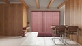 Wooden minimal kitchen, dining and living room in white and red tones with resin floor. Beams ceiling, table, sofa and panoramic Royalty Free Stock Photo