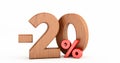wooden minus twenty percent isolated on white background, special offer minus twenty percent,