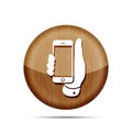 Wooden Mobile phone in hand icon on a white background - vector Royalty Free Stock Photo