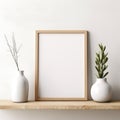 Wooden mock up poster frame on white wall above the shelf. Home decor with vases. Living room interior background 3d