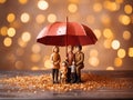 wooden happy family under umbrella, blurred background with magic lights, relationships and love, protection for family, insurance