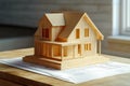 Wooden model house on blueprint at desk. Architect engineer workplace Royalty Free Stock Photo