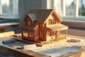 Wooden model house on blueprint at desk. Construction blueprints concept Royalty Free Stock Photo
