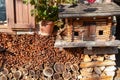 Sauris - Wooden model house covered by sorted firewood in remote alpine village of Sauris di Sotto