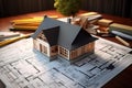 A wooden model of a house placed on a construction plan on an architect\'s table with his work tools Royalty Free Stock Photo