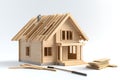 Wooden Model House Under Construction with Tools and Timber Pieces in Bright Setting Royalty Free Stock Photo