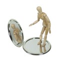 Wooden Model Observing Self in Compact Mirror