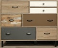 Wooden modern chest of drawers with drawers of different shapes and colors