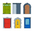 Wooden modern and classic closed front doors set. Entries to apartments, houses and buildings set cartoon vector
