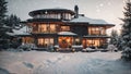 Wooden modern cozy house in Christmas decor and snow, Festive mood. Tourism, travel in winter, vacation on New Year, mini hotel,