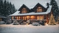 Wooden modern cozy house in Christmas decor and snow, Festive mood. Tourism, travel in winter, vacation on New Year, mini hotel,