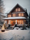 Wooden modern cozy house in Christmas decor and snow, Festive mood. Tourism, travel in winter, vacation on New Year, mini hotel,