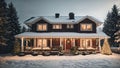 Wooden modern cozy house in Christmas decor and snow, Festive mood. Tourism, travel in winter, vacation on New Year, mini hotel,