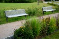 Wooden modern park bench with a metal relief structure on one leg stands in the park in rest areas and on paths made of a small Royalty Free Stock Photo