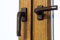 Wooden modern window handle. Home interior detail. Royalty Free Stock Photo