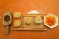 The wooden mold for mooncake, homemade cantonese moon cake pastry on baking tray before baking for traditional festival