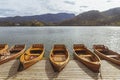 Wooden moored boats on Lake Blaysko in Slovenia Royalty Free Stock Photo