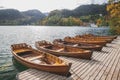 Wooden moored boats on Lake Bled in Slovenia Royalty Free Stock Photo