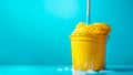 Wooden mop in vibrant yellow matching bucket against bright blue backdrop Royalty Free Stock Photo