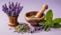 A wooden mortar and pestle with herbs and flowers