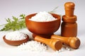 wooden mortar and pestle set with homeopathic medicines Royalty Free Stock Photo