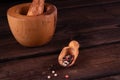 wooden mortar with small wooden spoon for spices, pepper, low key, olive, rustic Royalty Free Stock Photo