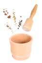 Wooden mortar for spice. collage isolated
