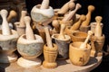 Wooden mortars and pestles as a kitchenware Royalty Free Stock Photo