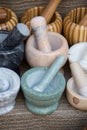 wooden mortars and pestles as a kitchenware Royalty Free Stock Photo