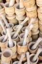 wooden mortars and pestles as a kitchenware Royalty Free Stock Photo