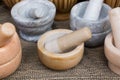 wooden mortars and pestles as a kitchenware Royalty Free Stock Photo