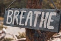 A wooden motivating tablet on an old pine tree in an autumn park says Ã¢â¬ÅBreathe