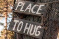 A wooden motivating tablet on an old pine tree in an autumn park says Ã¢â¬ÅPlace to hug