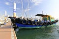 Wooden motor boat mooring at wuyuanwan yacht marina