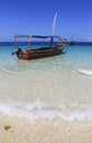 Wooden motor boat on ocean water surface Royalty Free Stock Photo